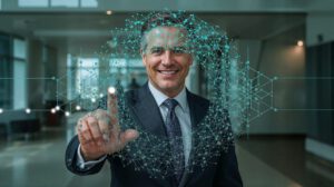 businessman, confident, smiling, pointing, professional, suit, tie, office, corridor, corporate, gesture, interaction, leadership, success, technology, management, executive, communication, happy, presentation, ai generated